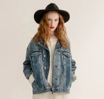 Ladies Jeans Top Coat women denim back zipper indigo loose fit boyfriend style blue jean jacket