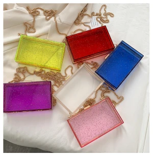 Lady Fashion Square Candy Color Acrylic Clear Purse Cute Transparent Crossbody Bag Handbag Chain Shoulder Evening Clutch Bag