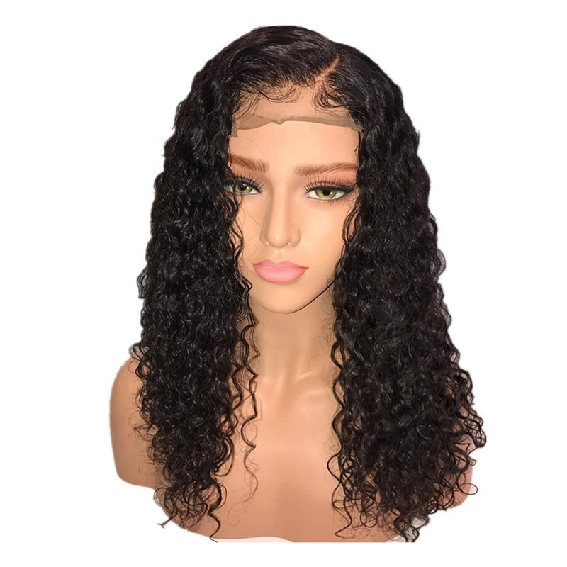 Long Natural Black Jerry Curly Brazilian Virgin 100% Human Hair Side Part Lace Front Wigs With Natural Hairline
