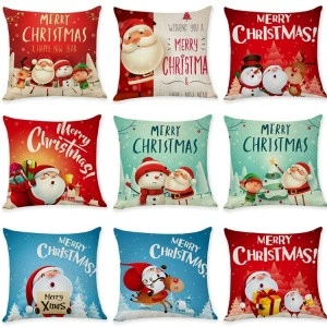 Merry Christmas Decorative Pillowcases Linen Christmas Cartoon Santa Claus Elk Throw Pillow Case Cover Pillowcase