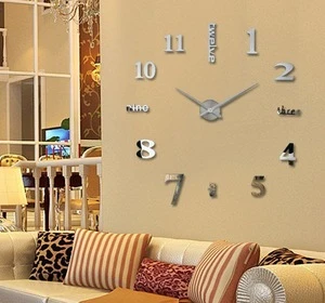 Modern DIY Number Wall Clock 3D Mirror Surface Sticker Home Room Decor Art Silver