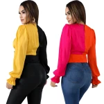 new design v neck patchwork long sleeve lady casual women top shirt blouses
