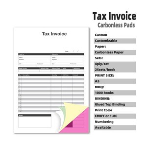 OEM/ODM Cheap Price Duplicate Triplicate Quadruplicate NCR/Carbonless A5 commercial  Tax Invoice Pads Book Customizable Printing