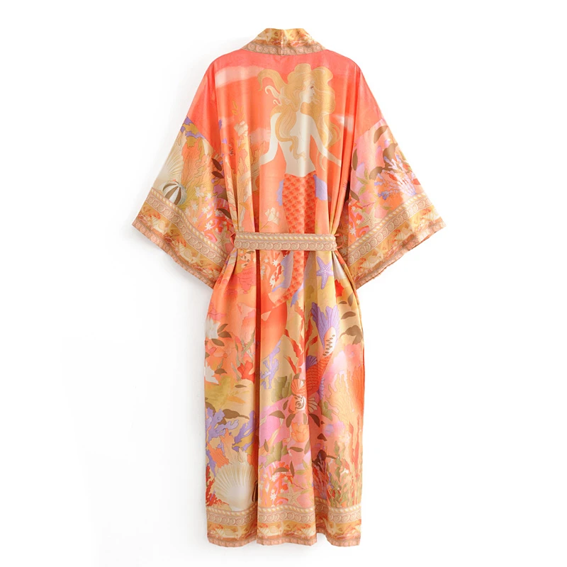 Orange color beautiful mermaid print kimono dress women summer long bohemian clothing
