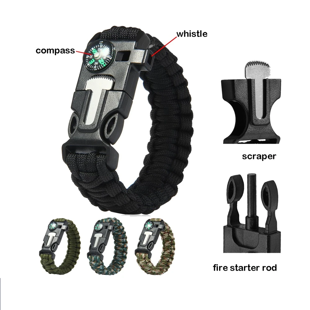 Outdoor Camping 5 in 1 Paracord Bracelet Tactical Gear Survival Fire Starter Compass Knife 550 Paracord  Bracelet