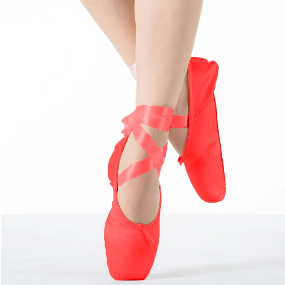 Pink Women Ballet Dance Toe Shoes Flat Satin Pointe Shoes For Girl