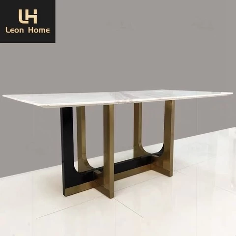 Popular Top Quality Italian Stainless Steel Rectangle White Marble Top Dinning Table with Chair