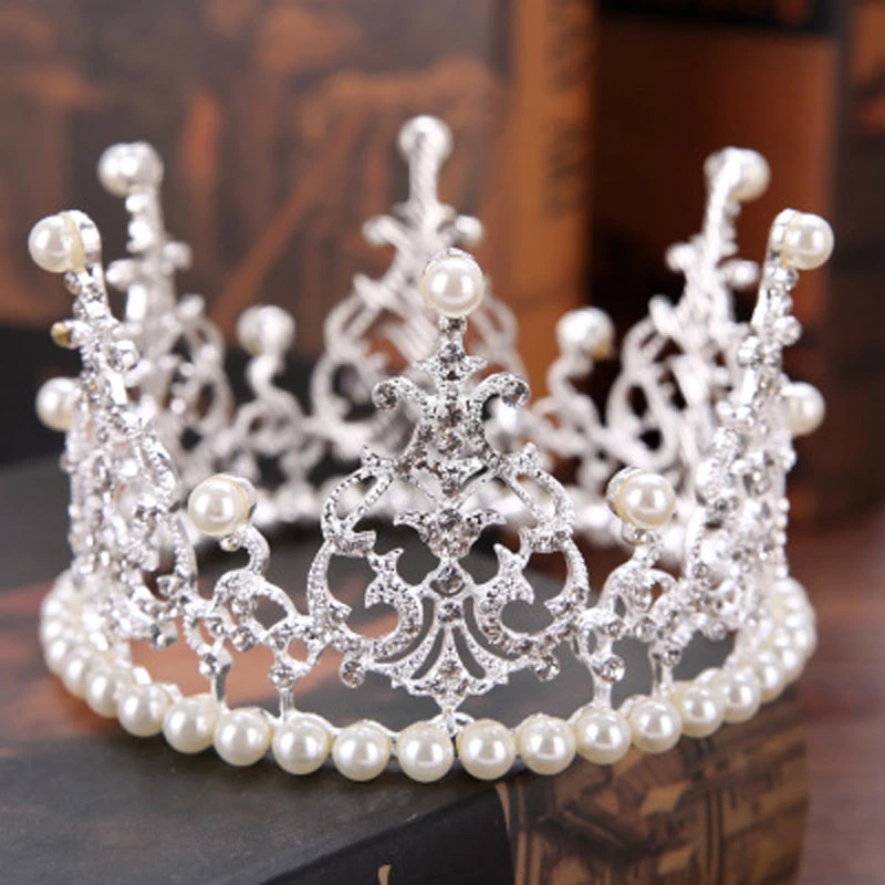 Silver Wedding Hair Accessories Crystal Tiaras Pearl Handmade Bridal Round Crowns