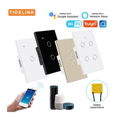 TideLink Wifi Wall Touch Light Switch Glass Electrical Wireless Tuya Smart Switch App Voice Control No Neutral Wire Required