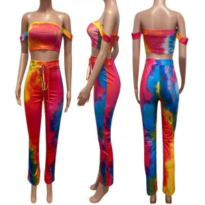 Tie Dye Sexy Two Piece Set Women Summer Clothing 2021 2 Piece Set Crop Top and Stacked Pants Matching Sets Club Outfits