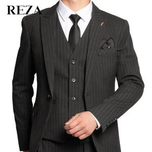 Top Brand 3 Piece Black Striped Coat Pant Men Suit