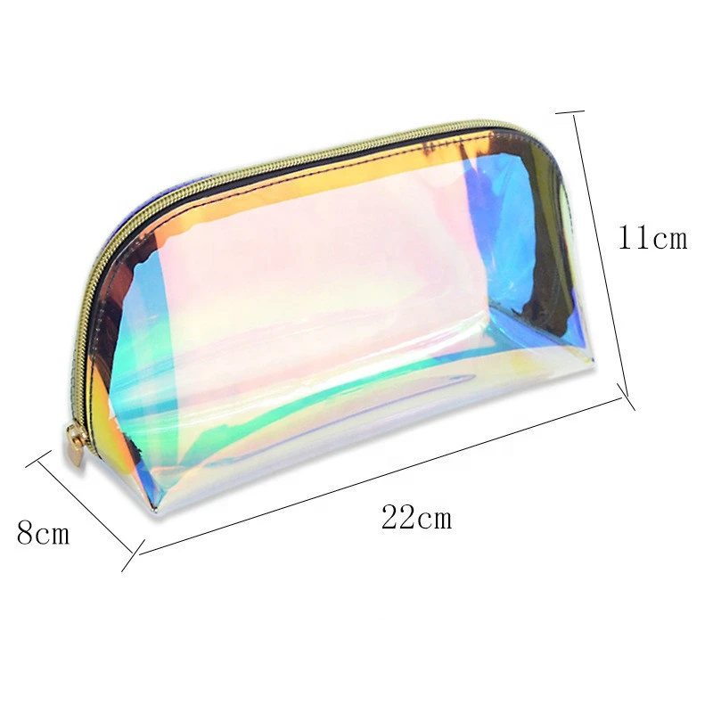 Transparent customized Waterproof Pvc Plastic Zipper Travel Clear Holographic rainbow Makeup Bag