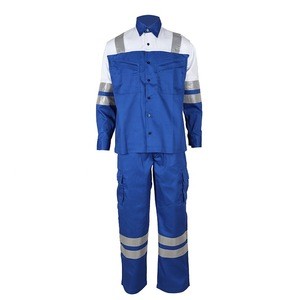 white royal blue 100% cotton FR anti flame fire resistant suit jacket pants oil and gas industry EN 11612 EN 1149-5