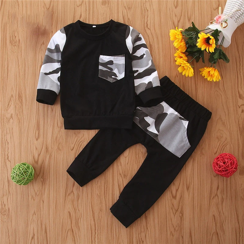Wholesale camo patchwork long sleeve sport sets winter little boys clothes with pocket