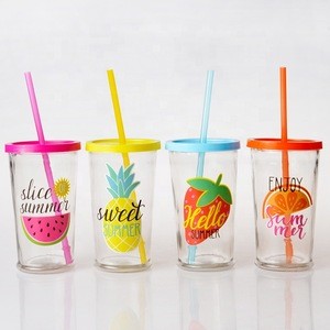 wholesale cheap drinking glass reusable coffee cup making machine keep glass juice mug with color lid and straw