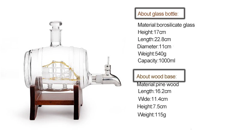 Wholesale Custom Crystal fancy glass decanter Glass Wine Barrel With Wooden base