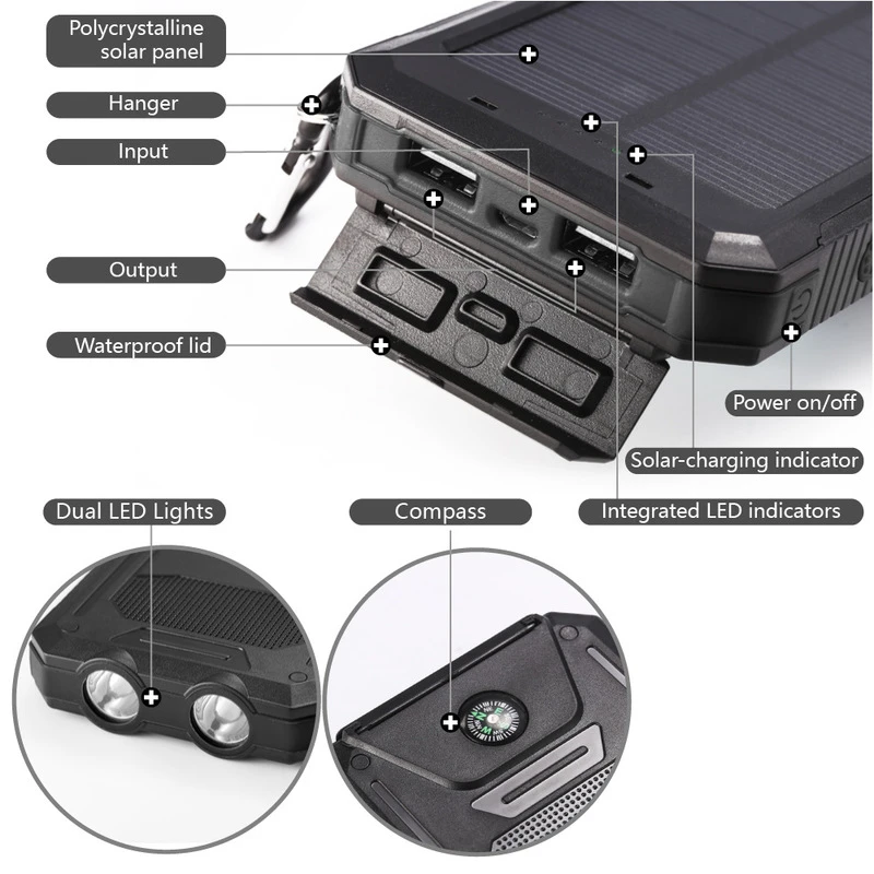 Wholesale power supply waterproof solar charger power bank with dual usb ports
