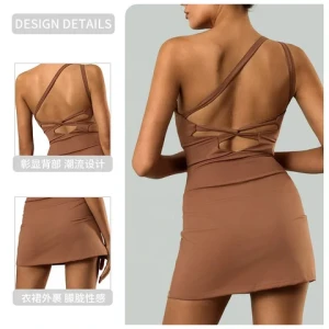 women sports one shoulder cut out tennis skirt soft nylon golf sport muslim dress yoga fitness