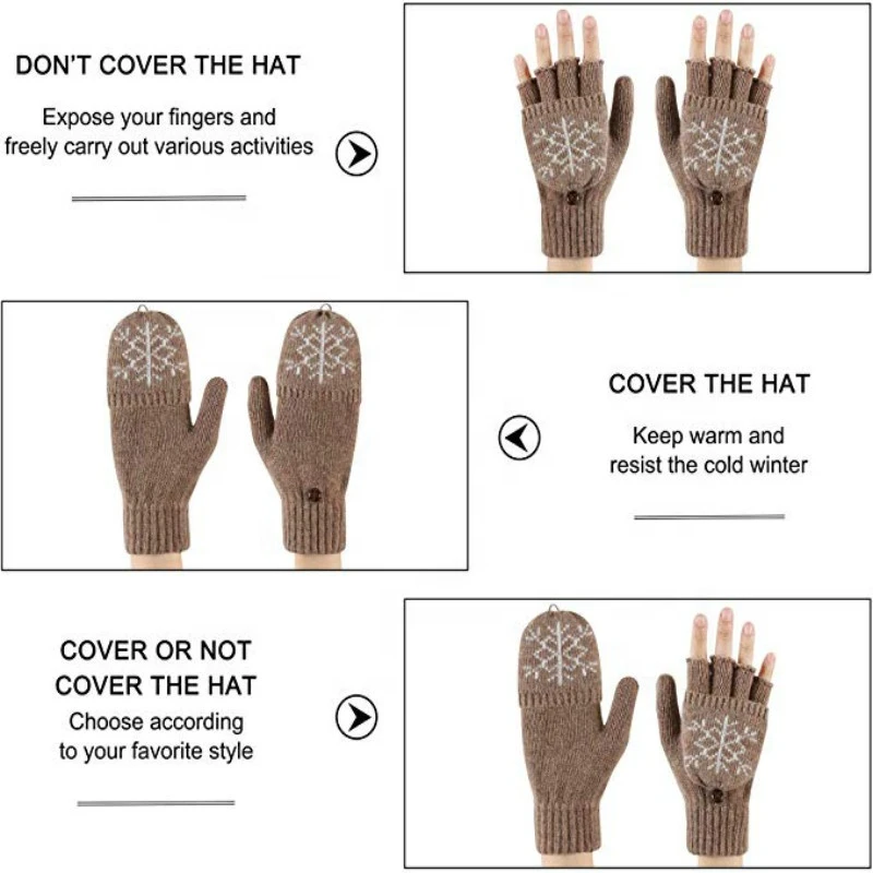 Women Winter Warm Wool Knitted Convertible Fingerless Mittens Cover Cap Gloves
