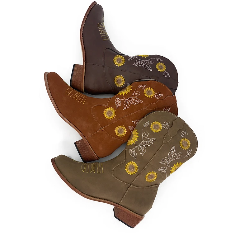 womens Western Cowgirl sunflower National Mid-cut Chunky heel winter Western boots shoes
