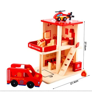 Wood Fire Station Play Set  Wooden Emergency Vehicle Play Set Fire Department House Dollhouse for Boys