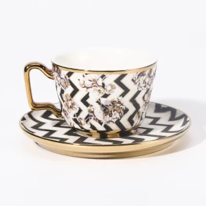 Factory Custom Luxury Style Special Golden Black Wave Pattern Ceramic Tea Mugs with Saucer