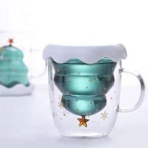 heat resistant reusable double wall merry Christmas glass coffee cup mug with lid