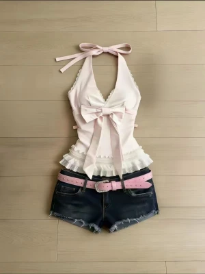 Huating Women's Pink Halter Bow Top & Denim Shorts Two-Piece Set  TT