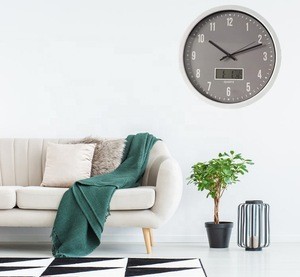 14inch round custom cheap plastic printed simple wall clock with date and temperature sweep movement