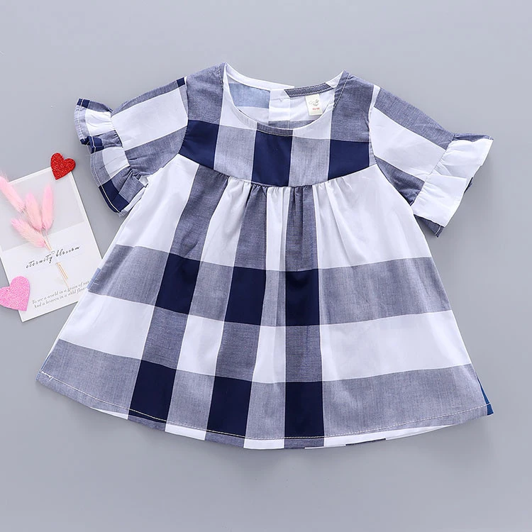 2-3years baby dress grid pattern 12 month baby dresses with ruffle sleeve