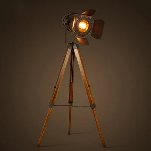 2019 loft natural wood tripod stand lamp searchlight head floor lamp for living room with e27 bulb