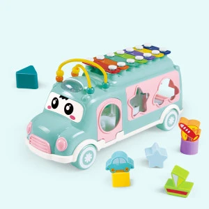 2020 novel musical instrument cartoon bus with blocks baby piano xylophone music maker hand knock toddle toys