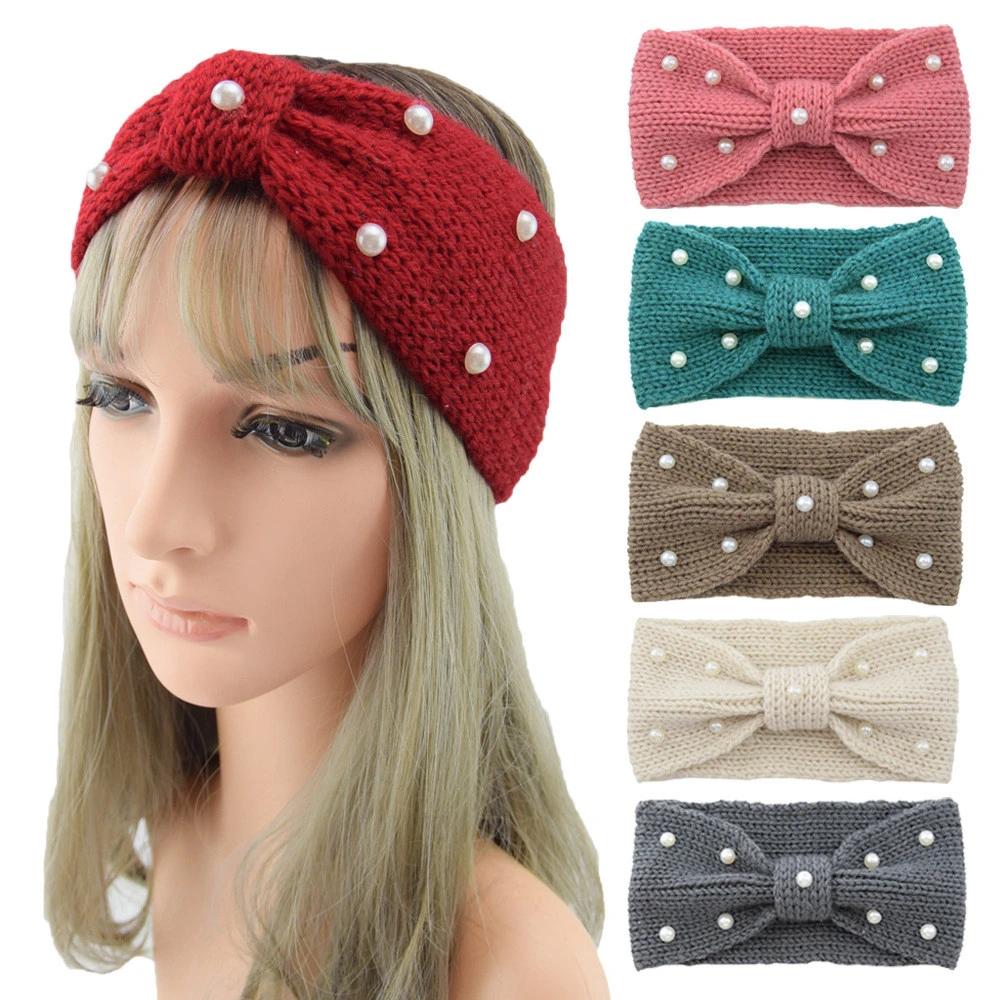 2021 New autumn and winter handmade pearl wool knitted headband Hair accessories