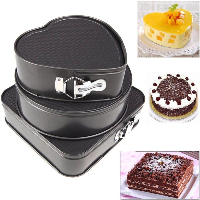 3 Pieces Cake Molds of Heart Round Square non-stick Round Leakproof Springform Cake Pan Set Pan with Removable Bottom Set