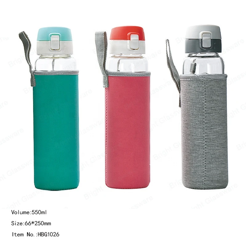600ml colorful drinking glass water sport bottle with sleeve and cloth cover and wood cap