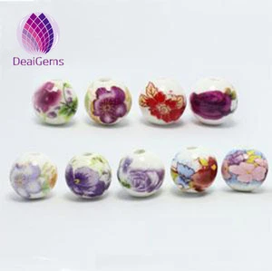 Bead, porcelain 12mm round with flower