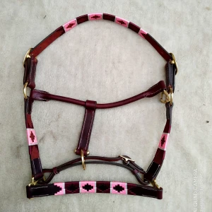 Best Quality - Polo Leather Horse Halter - Unique combination - Chestnut Brown Leather with Pink and Burgundy Thread Stitch