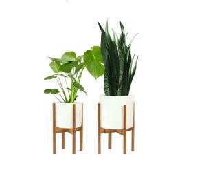 Best Selling White Ceramic Plant Pot With Wood Stand And Drainage Hole Large Cylinder Flower Planter Pots For Home Decoration