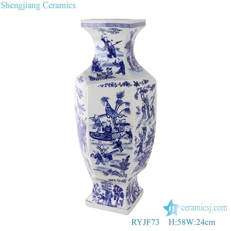 Blue and White Porcelain Children Playing Six-Sided Ceramic Vase for Home Decoration