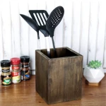 Coffee Brown Wood Kitchen Storage Utensil Crock, Countertop Cooking Tools Holder