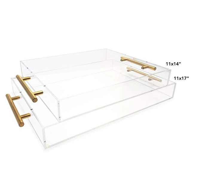 custom rectangle clear acrylic serving tray with gold metal handle for hotel restaurant