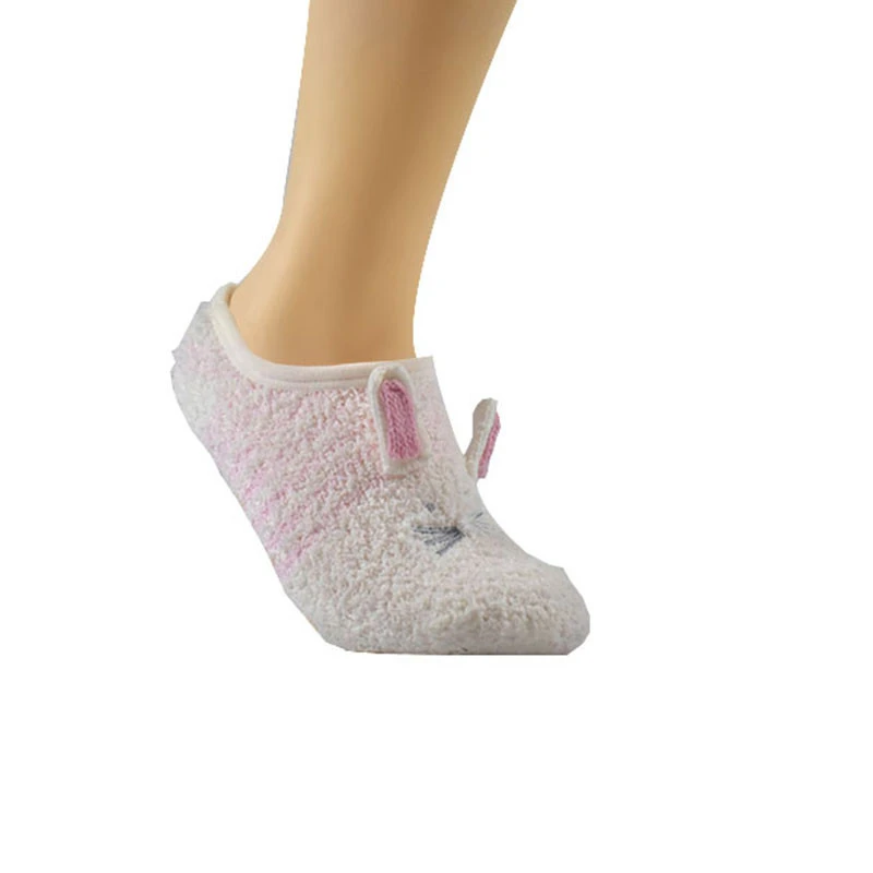 Customize logo cute white and pink rabbit anti-slip thick terry low cut no show women winter warm invisible socks