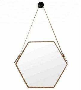 Decorative hexagon hanging design wall mounted mirror with leather strap