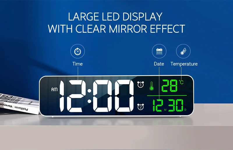 Digital Wall Clock Big LED Clock Calendar Mirror Alarm Clock Fashion Table Date Time Temperature  with 2 Alarm Settings