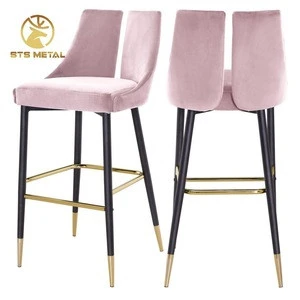 Elegant Bar Stool Modern Design Industrial Vintage Metal Leg Velvet Blue Black Upholstered Armless High Bar Stool Chair