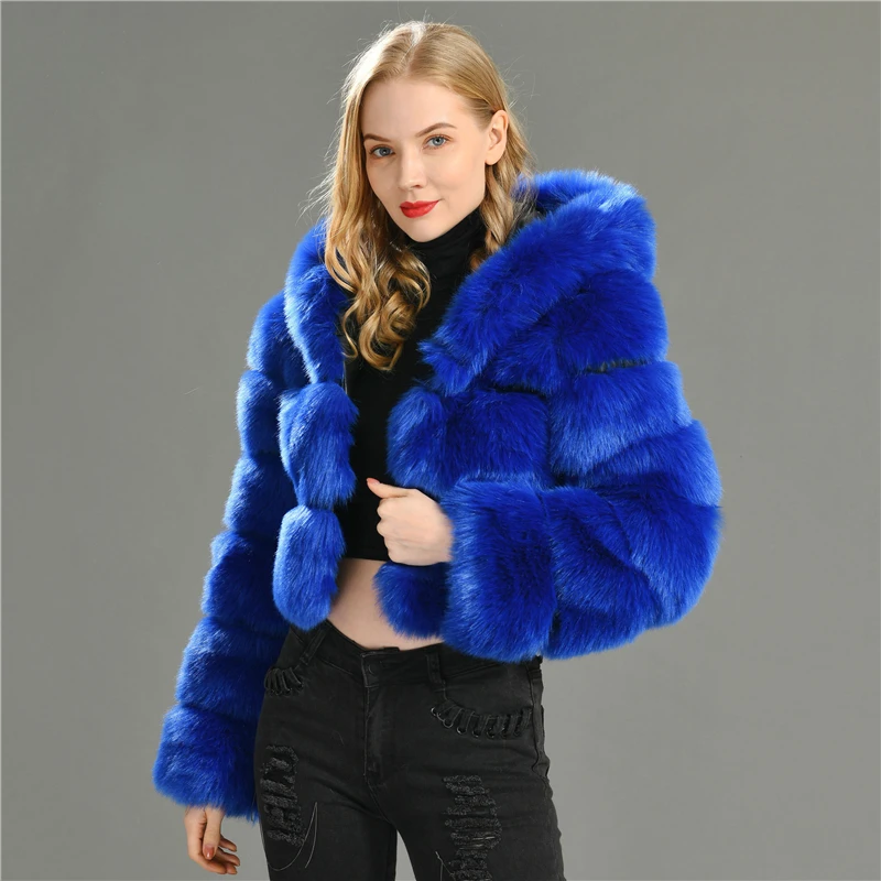 Factory Wholesale Lady Artificial Fur Jacket Coat Outwear High Street Hooded Cheap Fake Fox Fur Coat Winter Women Faux Fur Coat