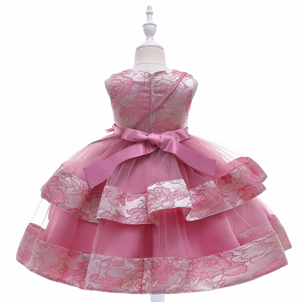 Fashion Children Party Dress Layered Flower Clothes With bags Pink Cotton Skirt For Girls L5216
