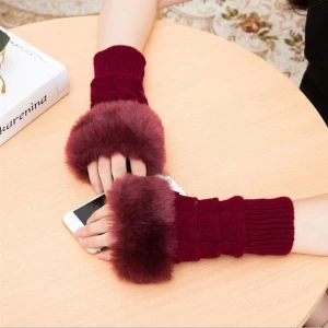 Faux Fur Mittens Women Gloves Knitted Arm Fingerless Warmer Winter Knitted Gloves