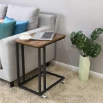 Foldable Living Room Brown Snack End Table Modern Farmhouse Wood and Metal C Shaped Coffee Sofa Side Table