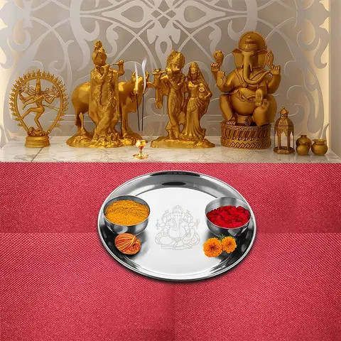 Ganesh Print Premium Stainless Steel Puja Thali Set-1 Puja Thali Set of 3 Pcs Use For Worships 1 Plate 2 Bowl